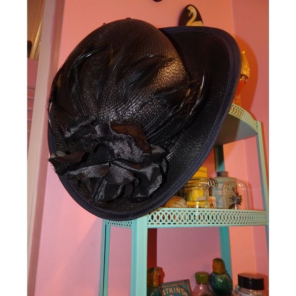 Vintage Black Church Hat with beads sequins feathers & flower goth pinup retro main image 11